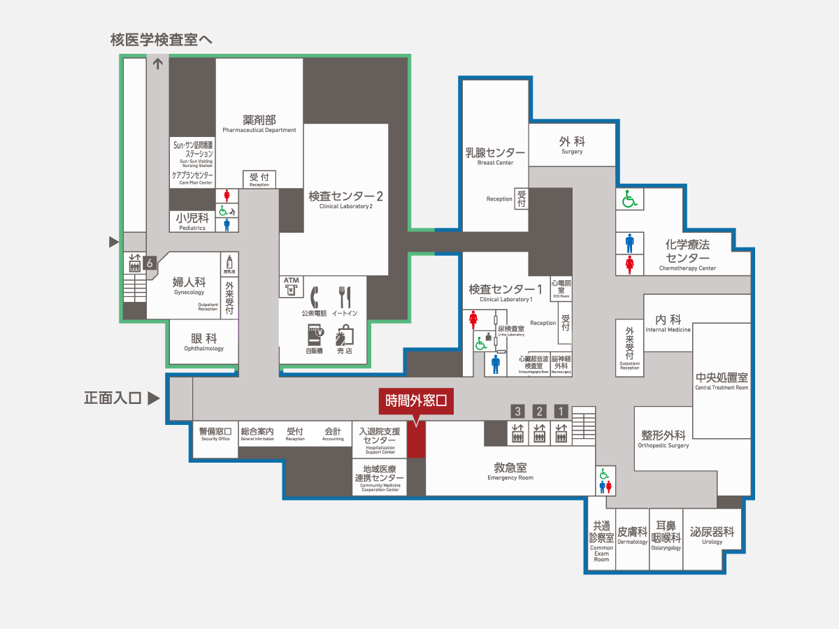 時間外・休日・夜間の受診について 1F 救急・時間外受付で受付